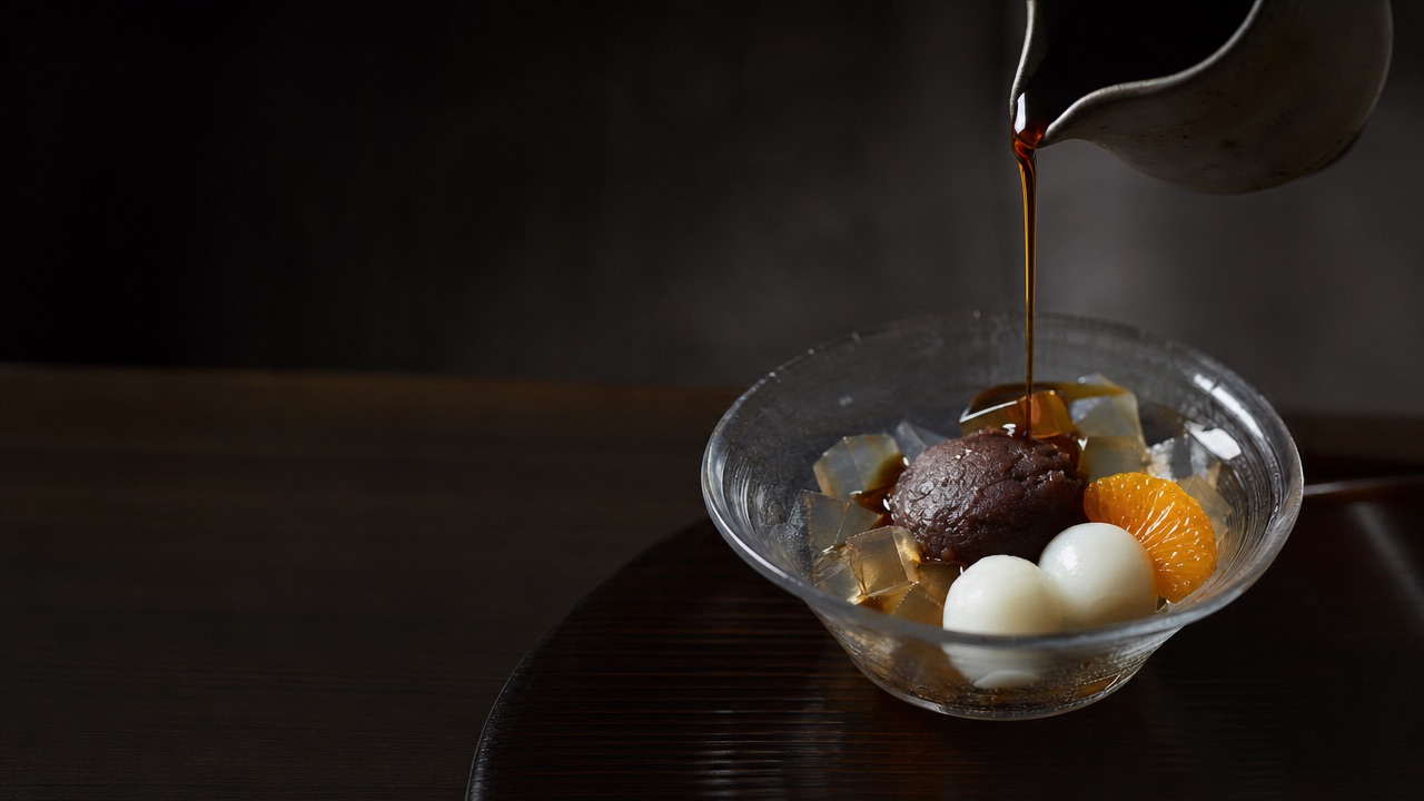 Anmitsu with anko, agar, shiratama and fruit