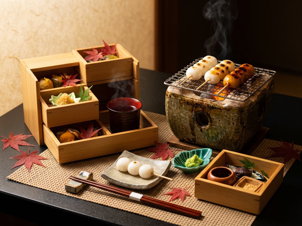Dango grilled over charcoal at the table