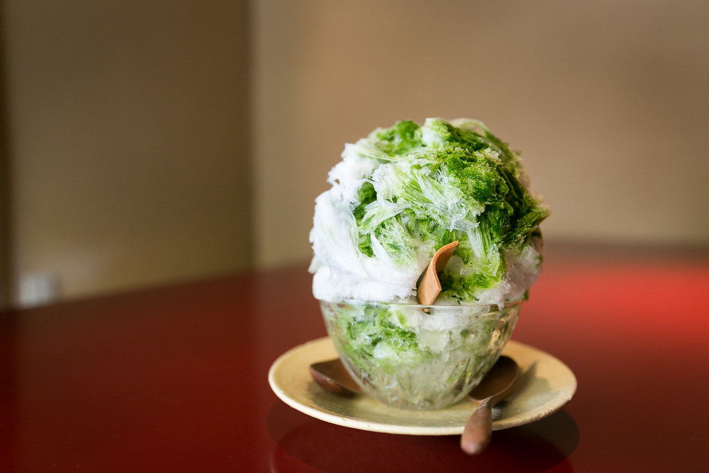 Matcha kakigori — shaved ice in a kiriko glass bowl